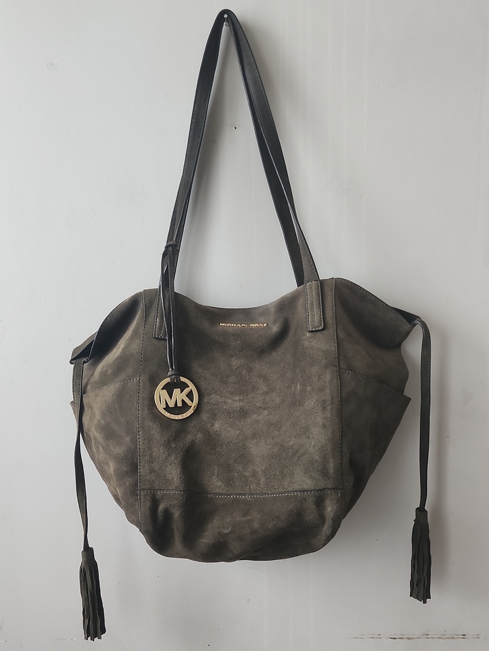 Michael Kors Olive Suede Tote with Gold MK Charm. In Excellent Condition